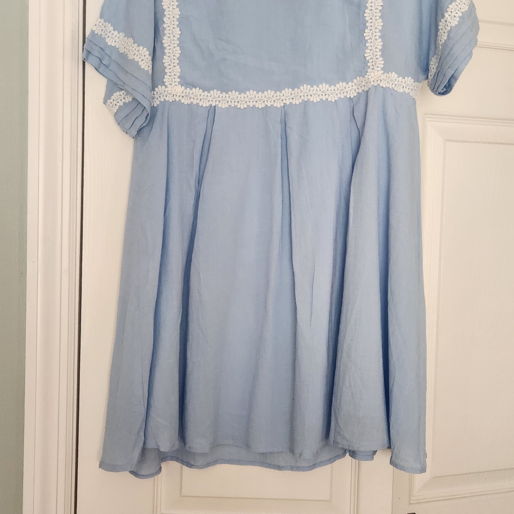 Light Blue Dress with White Lace Trim